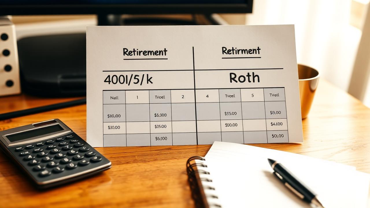 Side-by-side retirement comparison chart on a desk showing 401(k) and Roth IRA with a calculator and notebook