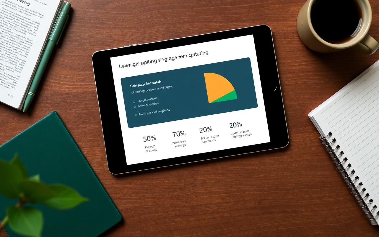 Tablet displaying a 50/30/20 budget pie chart on a wooden desk with a notebook and coffee