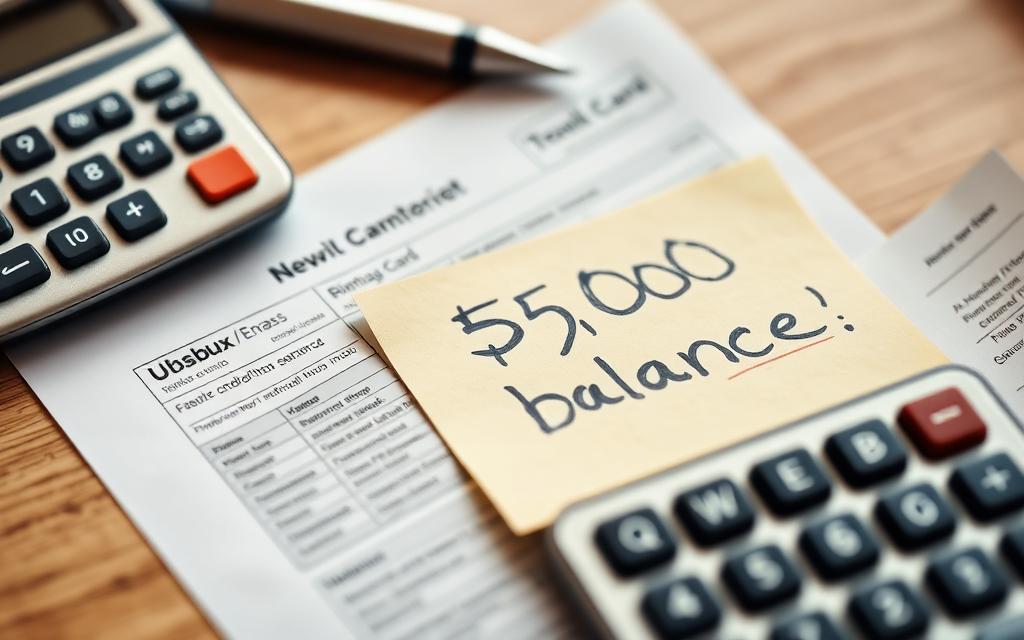 Close-up of a credit card statement next to a calculator and a sticky note that reads $5,000 balance
