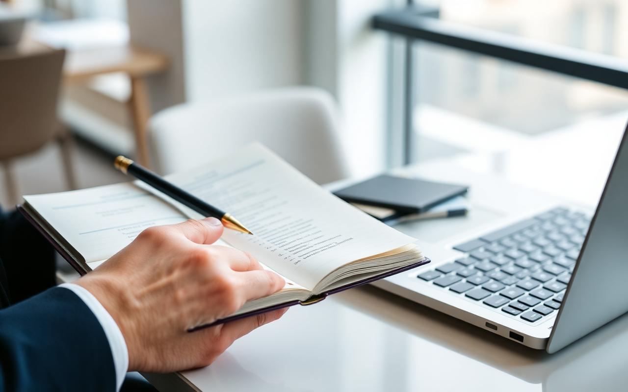 Hands holding a notebook with negotiation talking points beside a laptop on a bright modern office desk