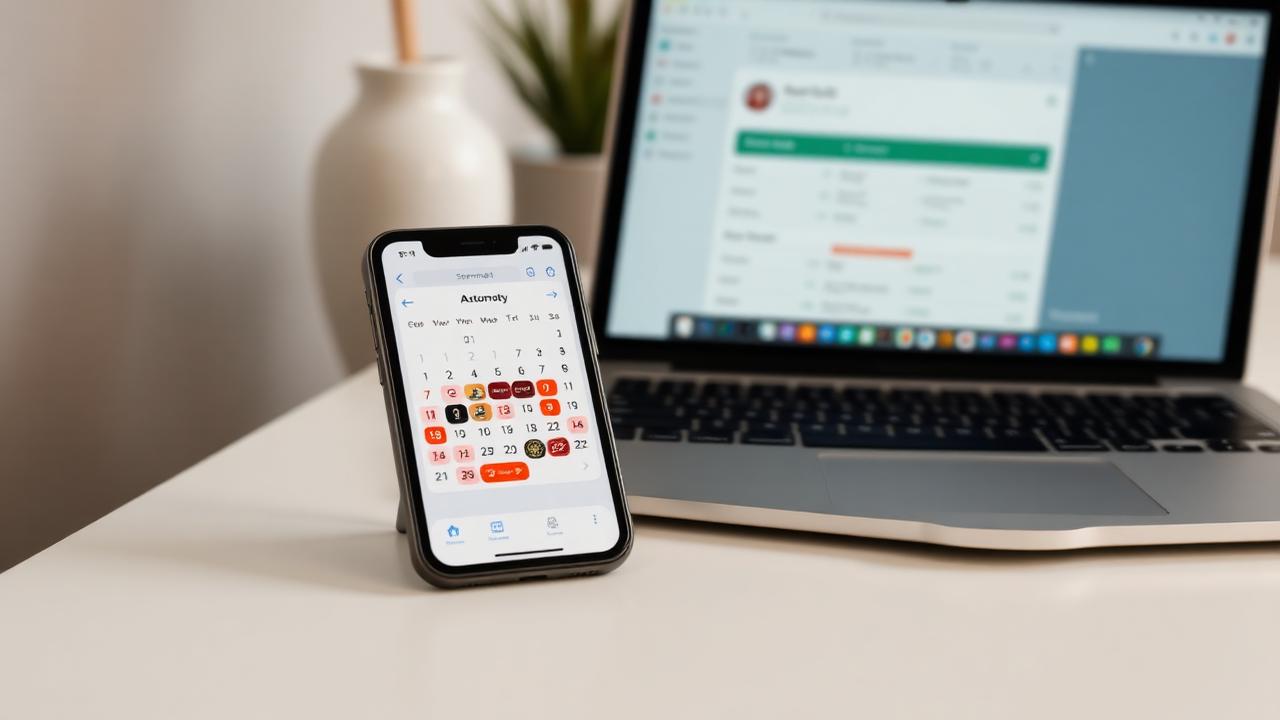 Smartphone calendar with automatic payment reminders beside a laptop showing a banking dashboard