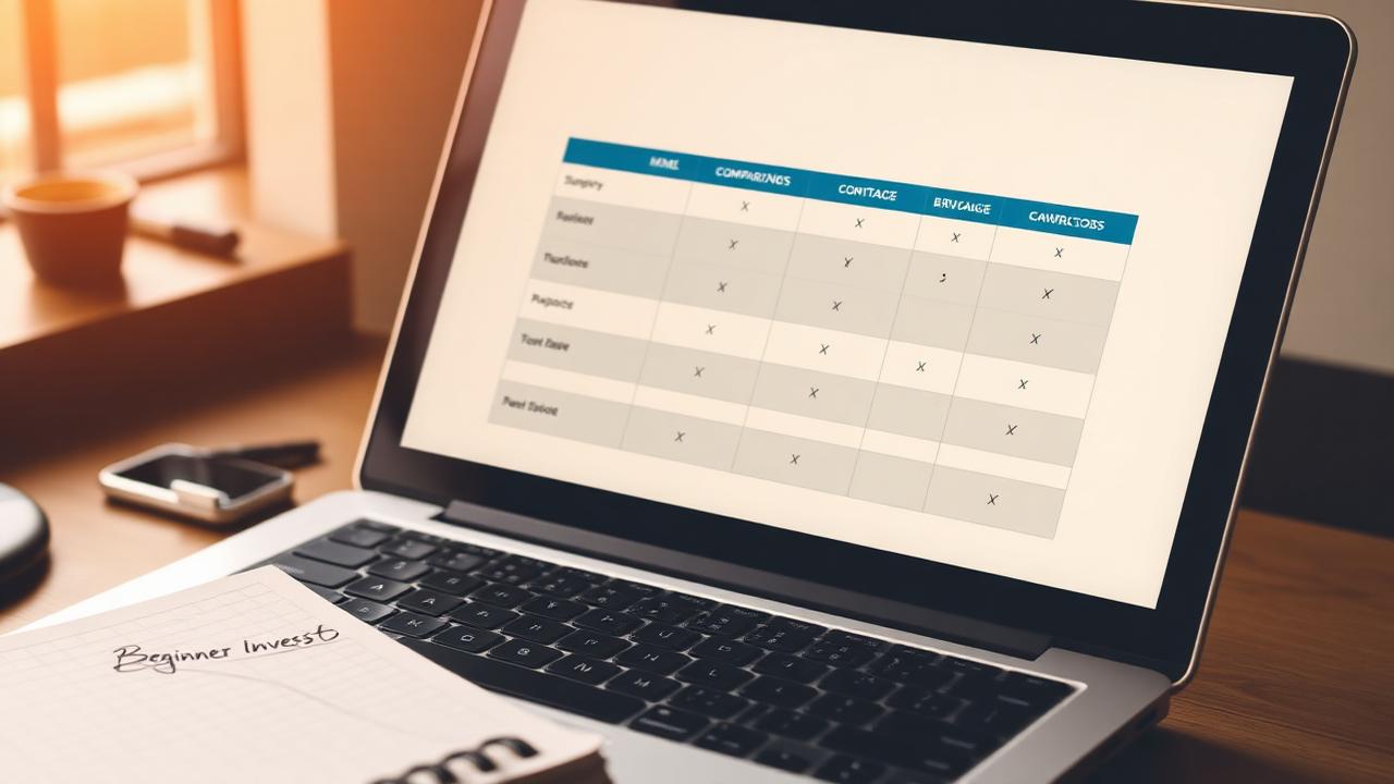 Laptop showing a neutral brokerage comparison table with a notebook labeled Beginner Investor