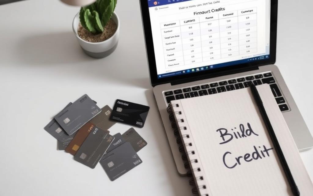 Desk with neutral credit cards, a laptop comparison table, and a notebook labeled Build Credit