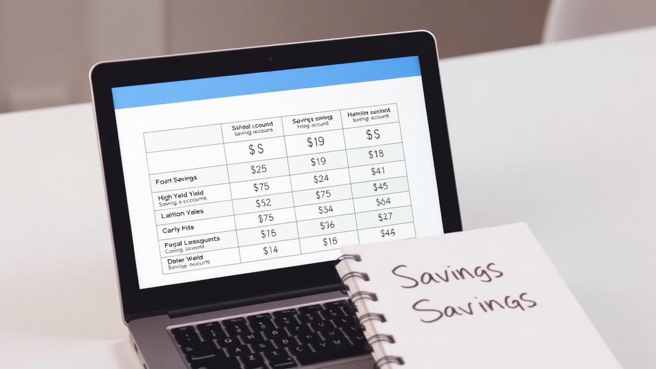 Laptop showing a comparison chart of high-yield savings accounts with a notebook labeled Savings Options