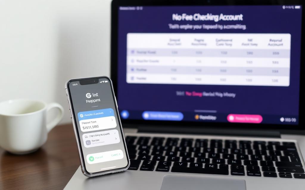 Smartphone showing a digital banking app beside a laptop with a no-fee checking account comparison chart