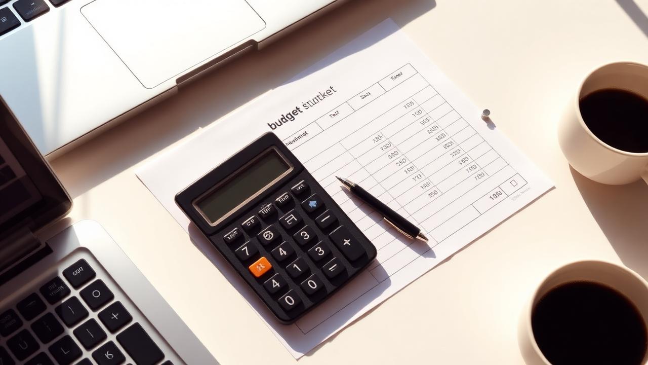 Blank budget worksheet with a pen, calculator, laptop, and coffee on a clean desk