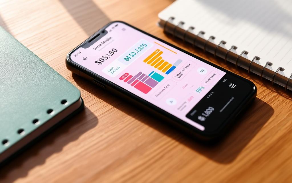 Smartphone showing a generic budgeting app dashboard with category bars, beside a notebook and debit card
