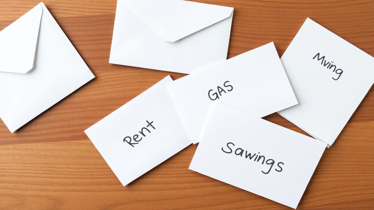 Labeled cash envelopes on a desk with categories like groceries, rent, gas, and savings