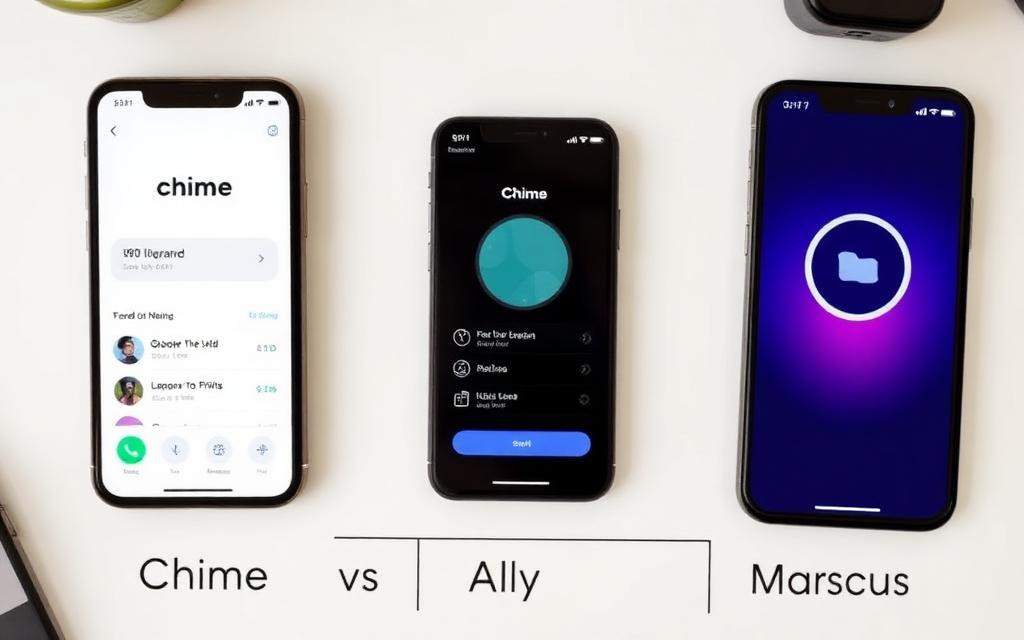 Three smartphone banking app screens compared side by side with a neutral chart labeled Chime vs Ally vs Marcus