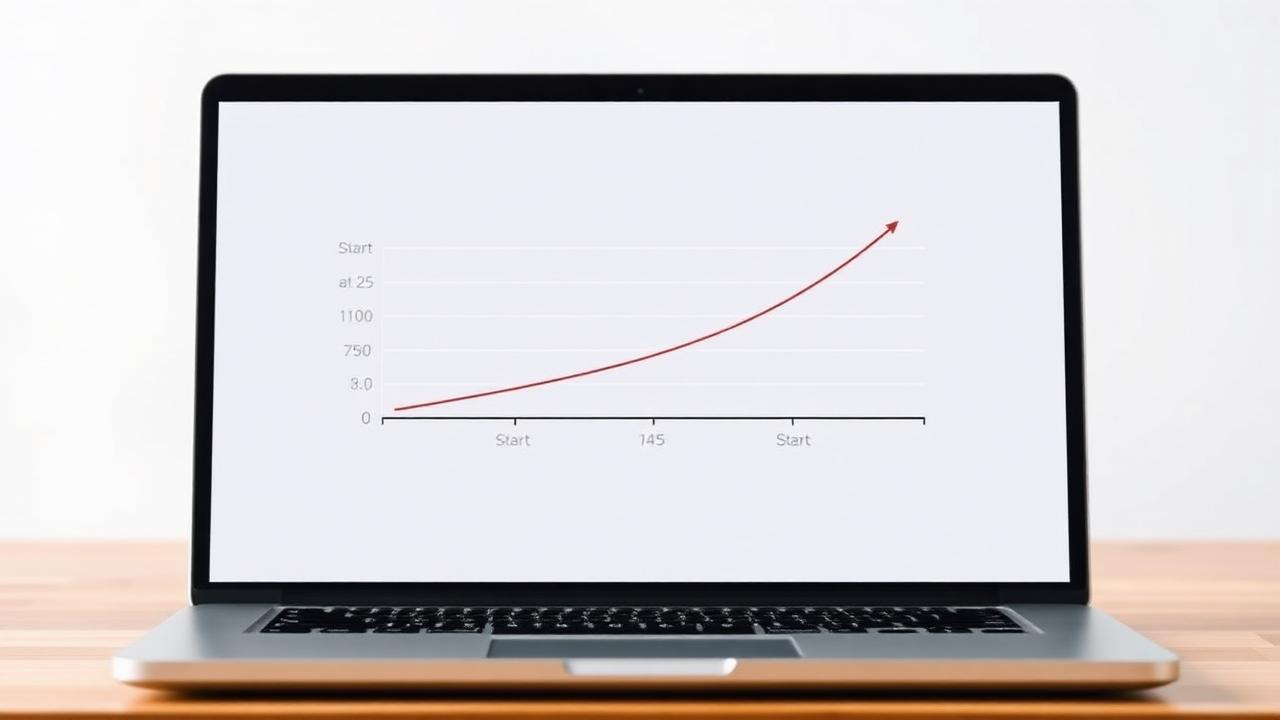 Compound growth curve on a laptop showing two timelines labeled Start at 25 and Start at 35