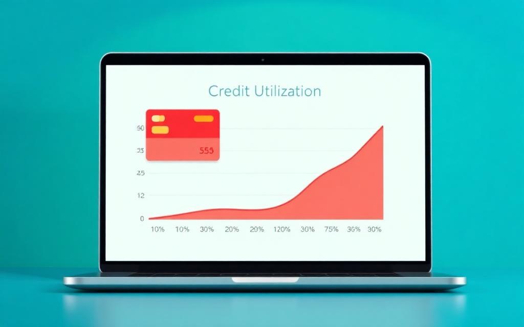 Laptop showing a simple credit utilization chart with credit card balance, credit limit, and utilization percentage