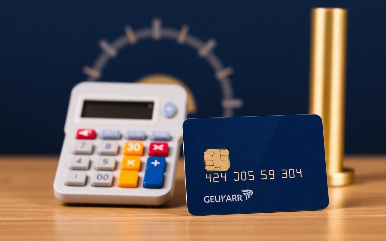 Credit card next to a calculator with a utilization gauge in the background on a wooden desk
