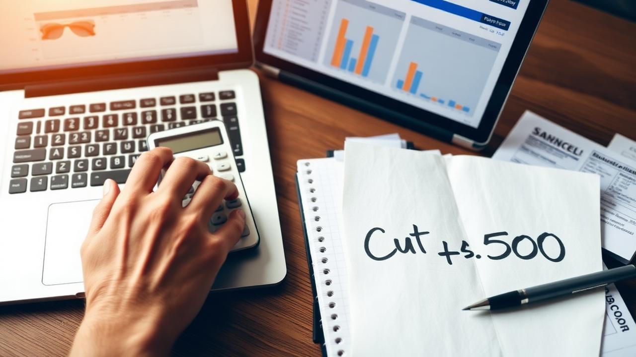 Person reviewing monthly expenses on a laptop with a calculator, receipts, and a notebook showing Cut $500