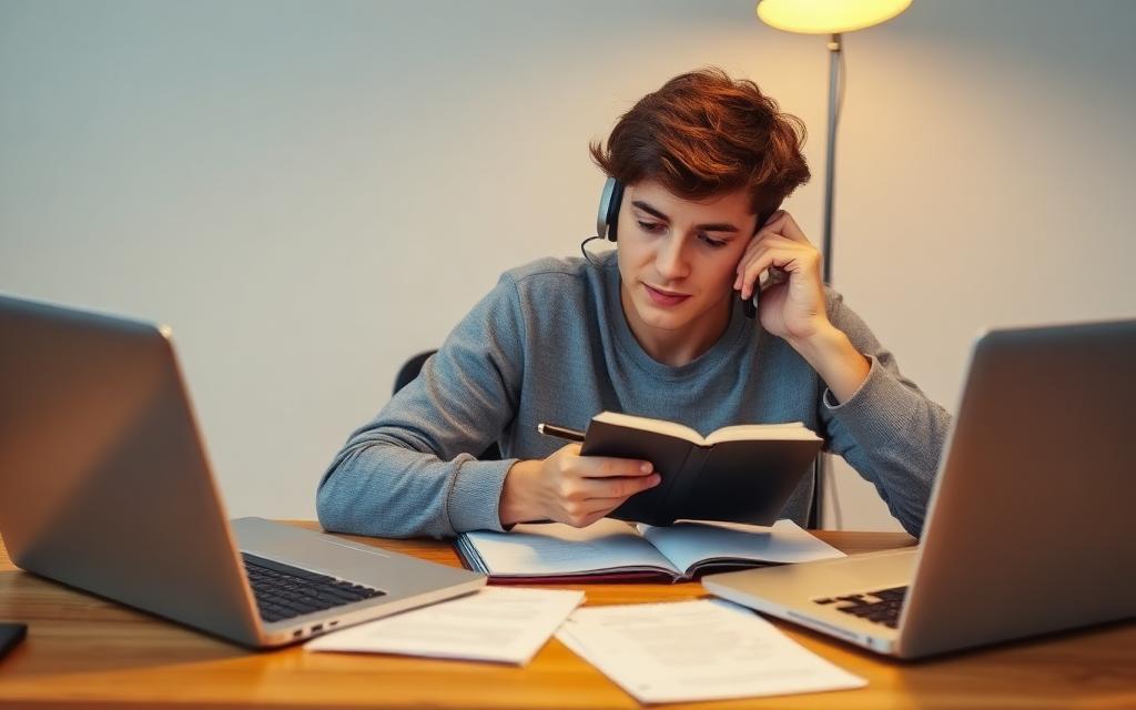 Person holding a phone and taking notes about a debt collection call, with a laptop and paper folder nearby