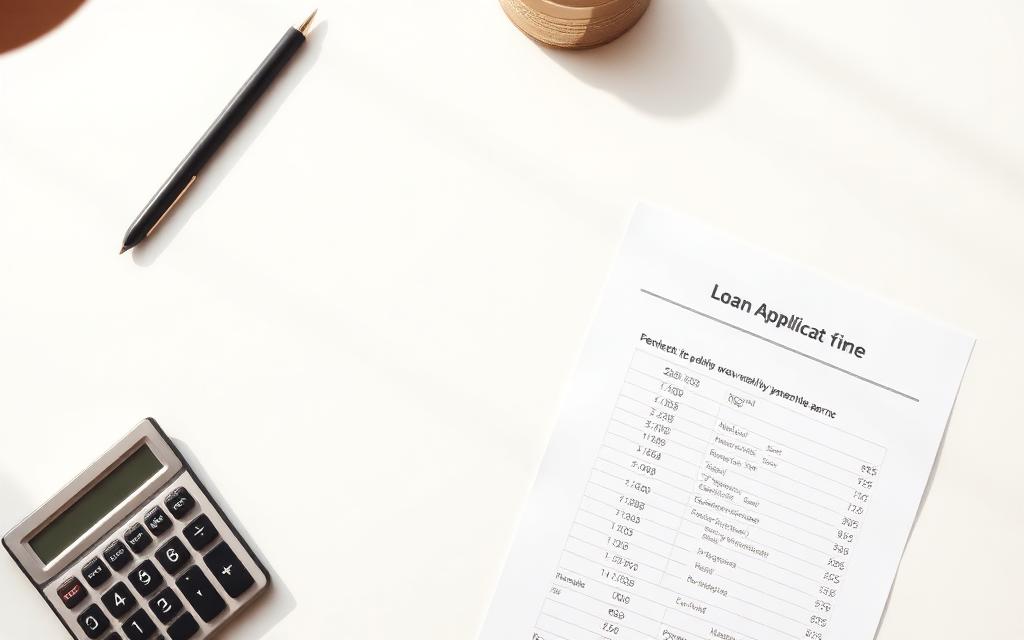 Calculator, loan application form, and a printed list of monthly debt payments on a clean desk