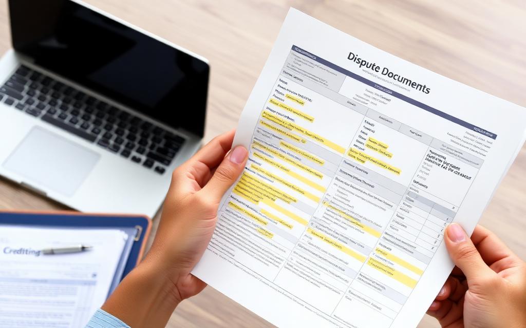Person reviewing a printed credit report with highlighted errors and a folder labeled Dispute Documents
