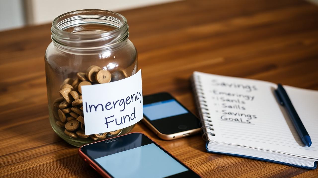 A savings jar labeled Emergency Fund next to a phone banking app and a notebook with savings goals