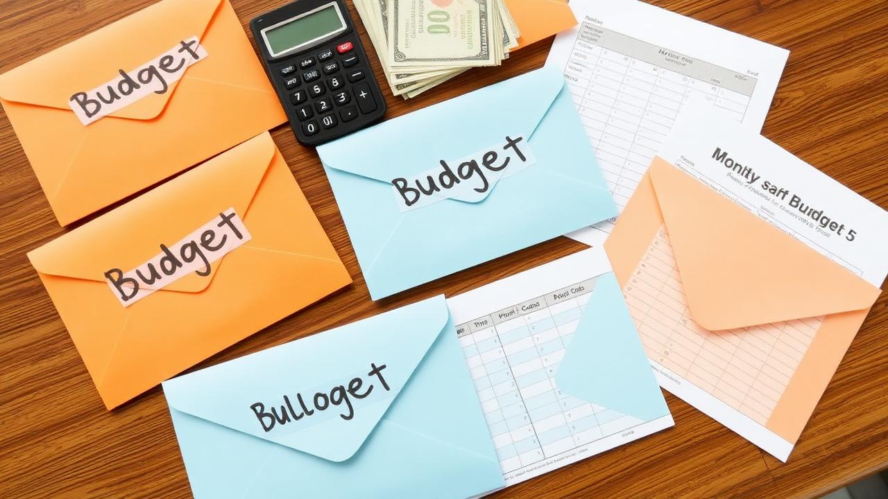 Several labeled budget envelopes on a table with cash, a calculator, and a monthly budget sheet