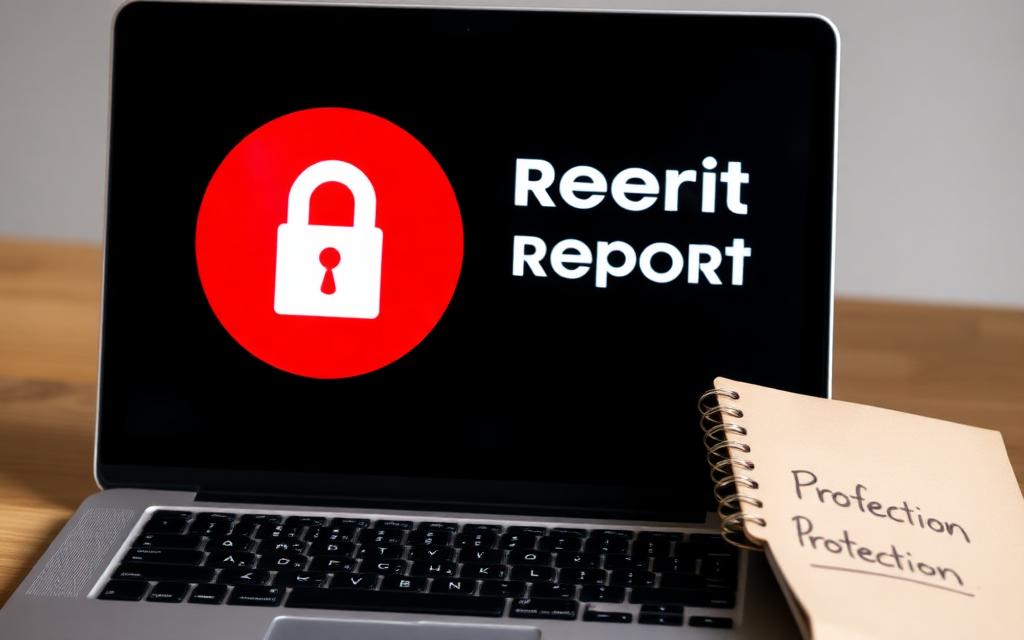 Locked credit report graphic on a laptop screen with a security icon and a notebook labeled Credit Protection