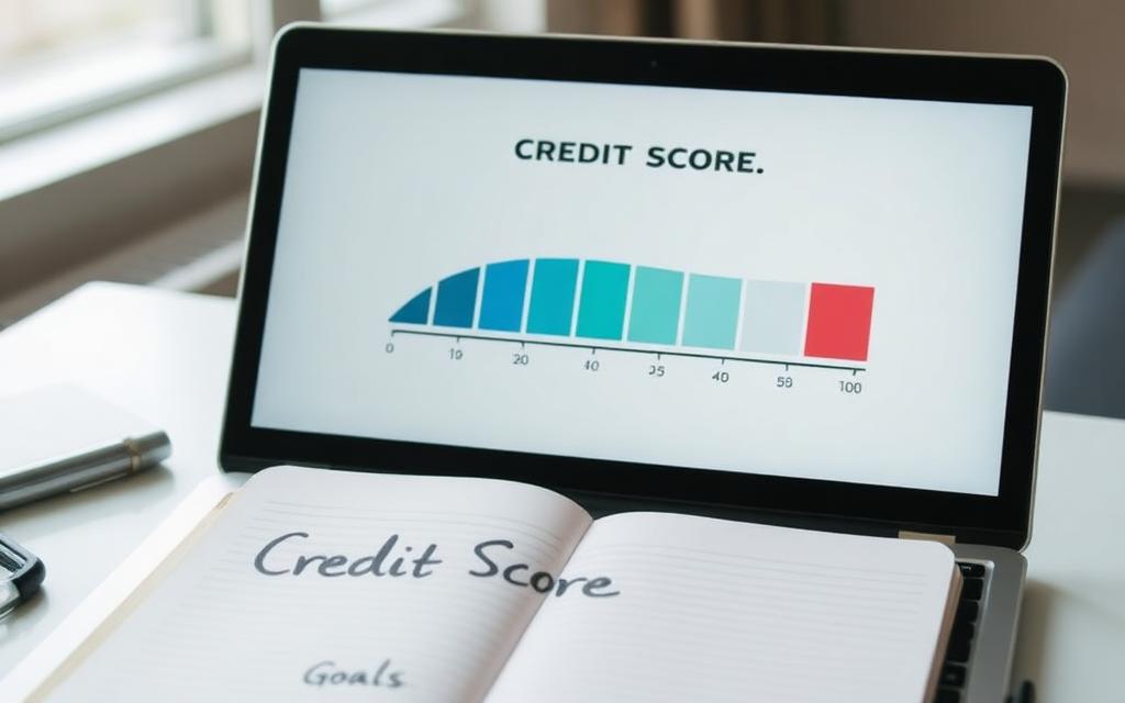 Credit score range graphic on a laptop screen with a notebook labeled Credit Score Goals