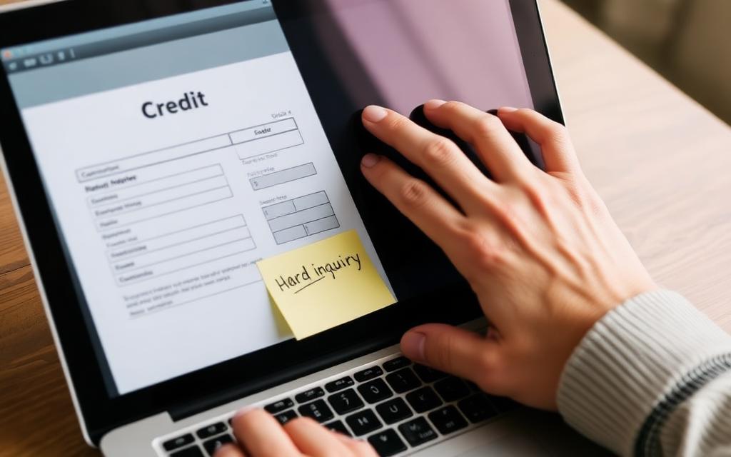 Person reviewing a credit application on a laptop with a sticky note labeled Hard Inquiry