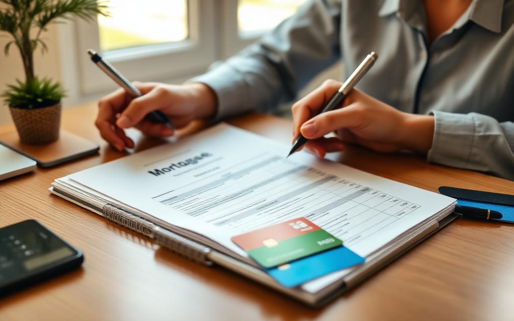 Homeowner reviewing mortgage paperwork and credit card bills side by side at a desk