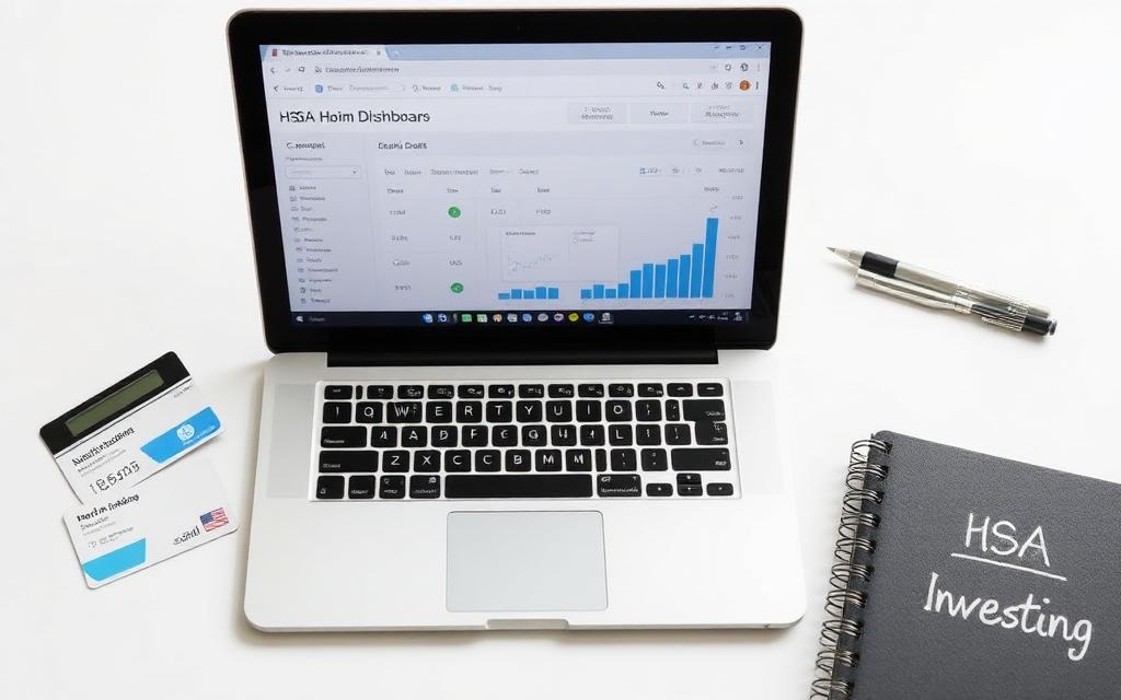 Laptop showing an HSA investment dashboard beside a health insurance card and a notebook labeled HSA Investing
