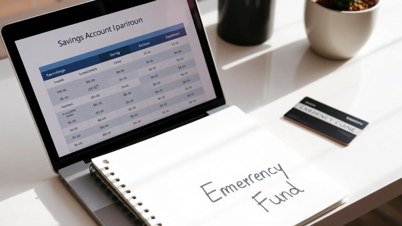 Laptop showing a savings account comparison table beside a notebook labeled Emergency Fund and a debit card