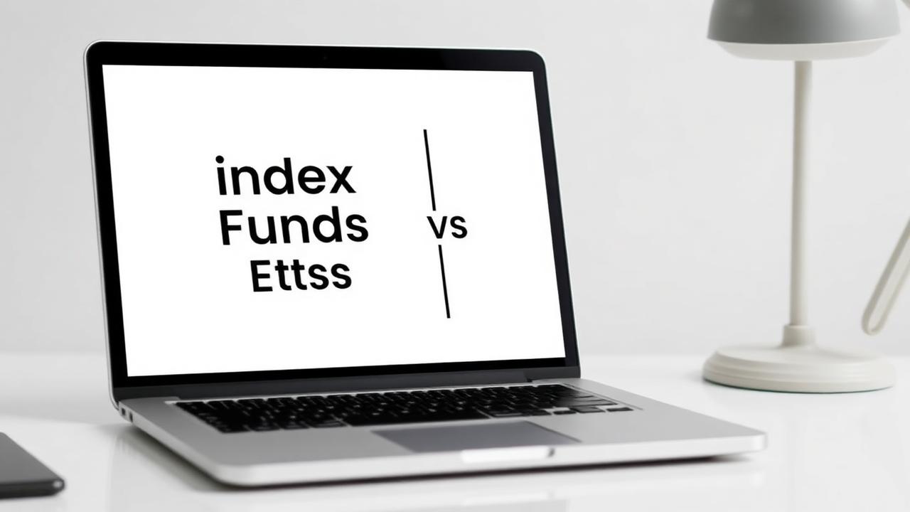 Side-by-side investment comparison graphic on a laptop screen showing Index Funds and ETFs