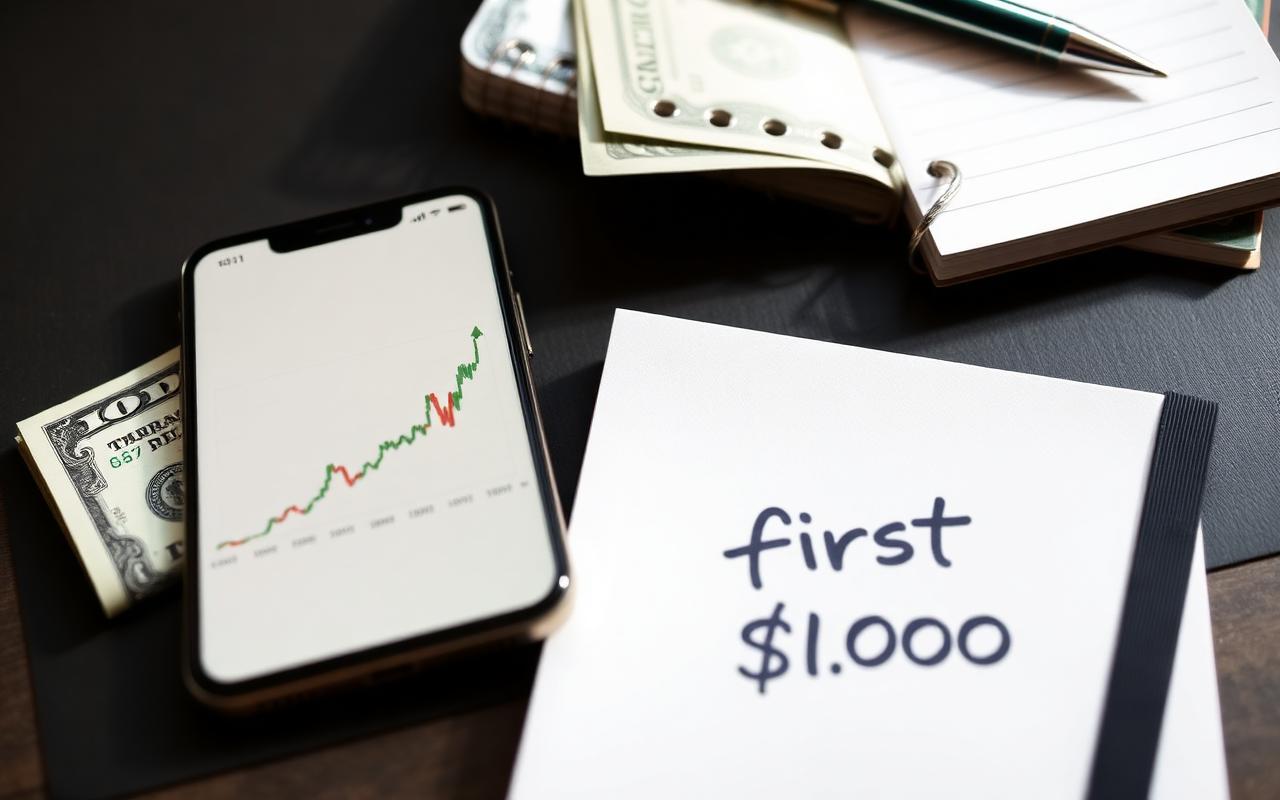 Smartphone showing a rising index fund chart next to cash and a notebook labeled first $1,000