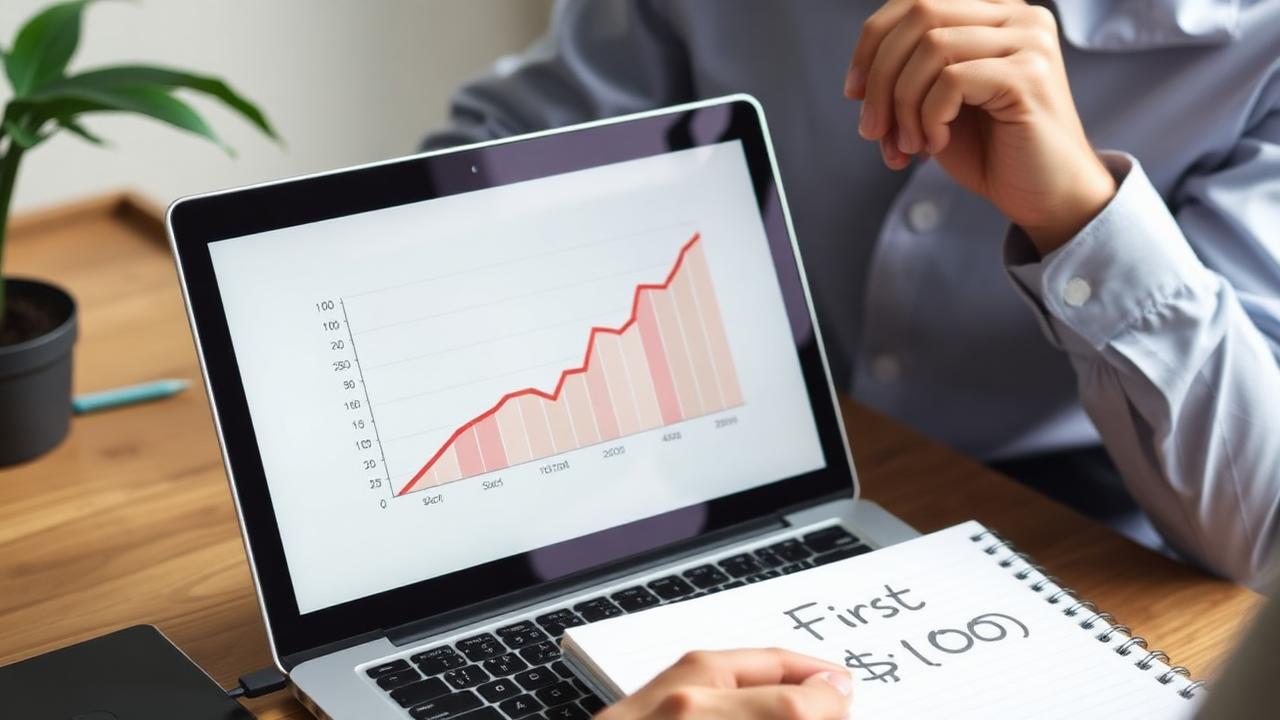 A beginner investor reviewing a simple investment growth chart on a laptop with a notebook labeled First $1,000