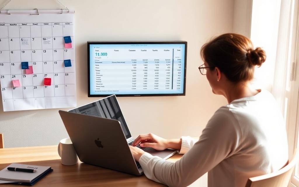 Freelancer at a laptop reviewing invoices, a wall calendar, and an income spreadsheet on the screen