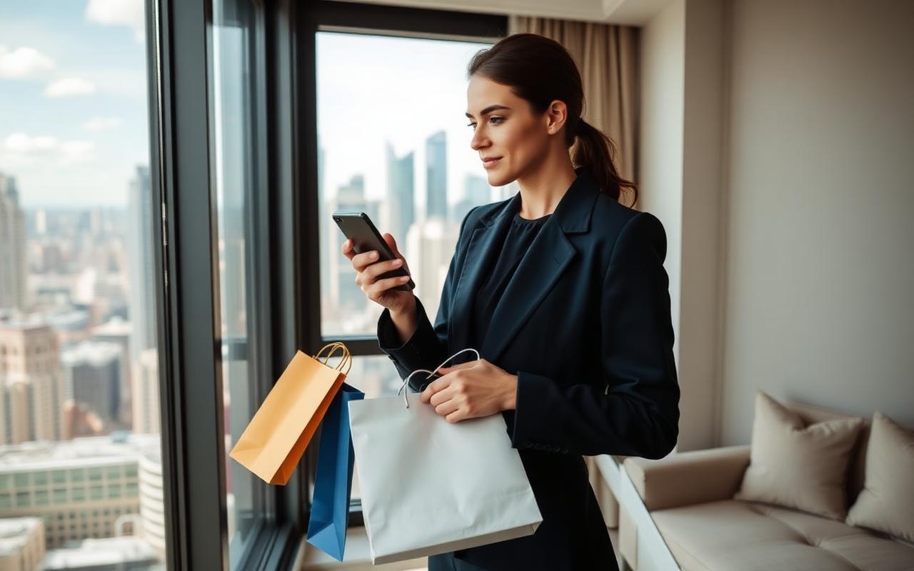 Young professional in a modern apartment holding shopping bags and looking thoughtfully at a banking app on a phone with city skyline in the background