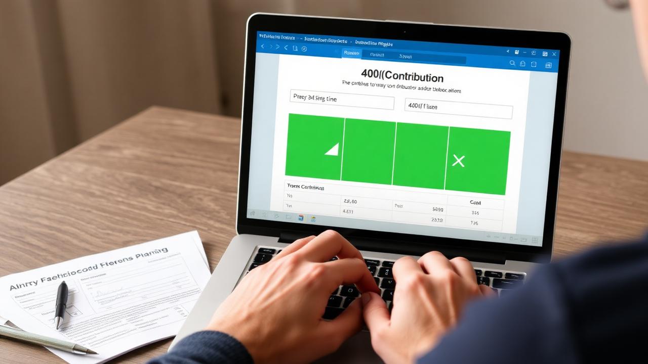 Employee reviewing a 401(k) contribution screen on a laptop with a paycheck and planning notes