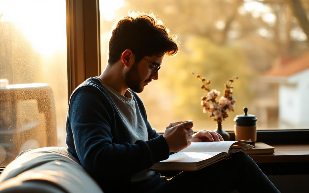 Young person journaling at a sunlit window holding a cup of coffee in a thoughtful mood