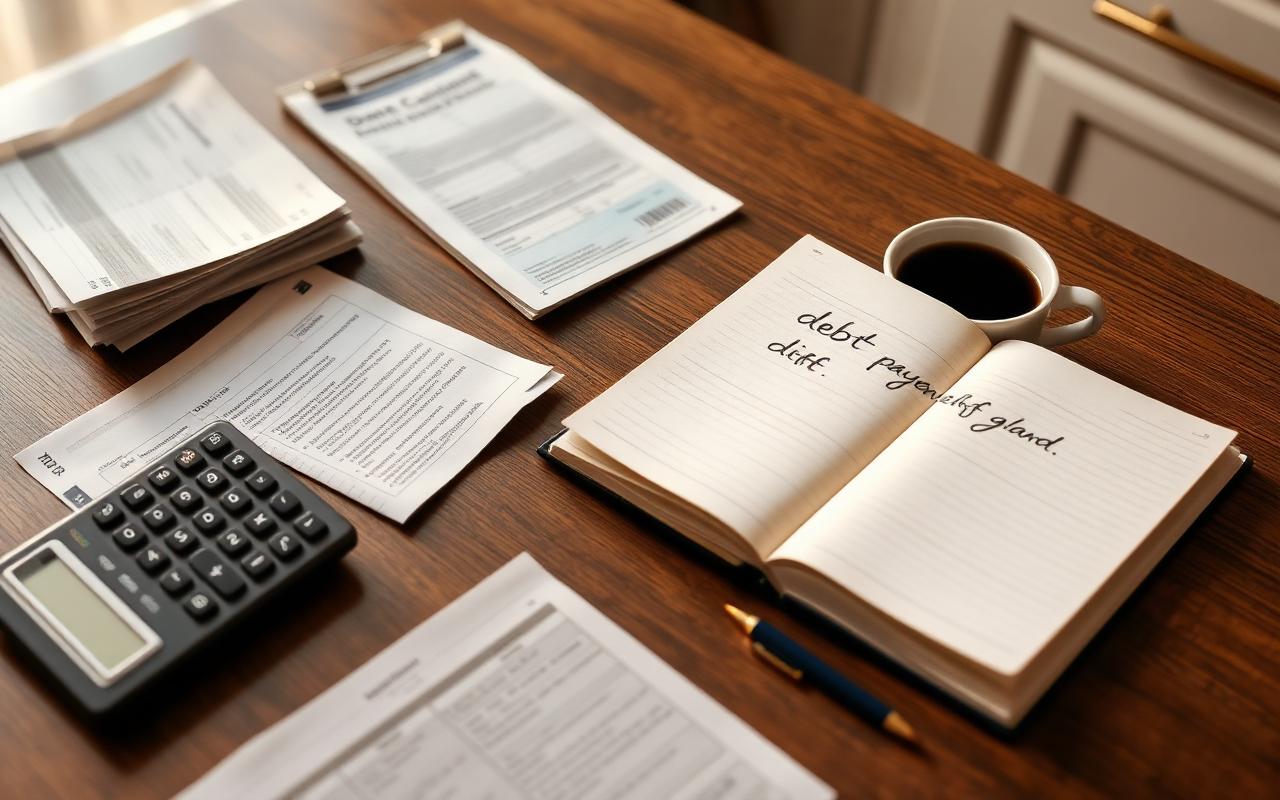 Kitchen table with bills, a calculator, and a handwritten debt payoff plan in a notebook next to a cup of coffee