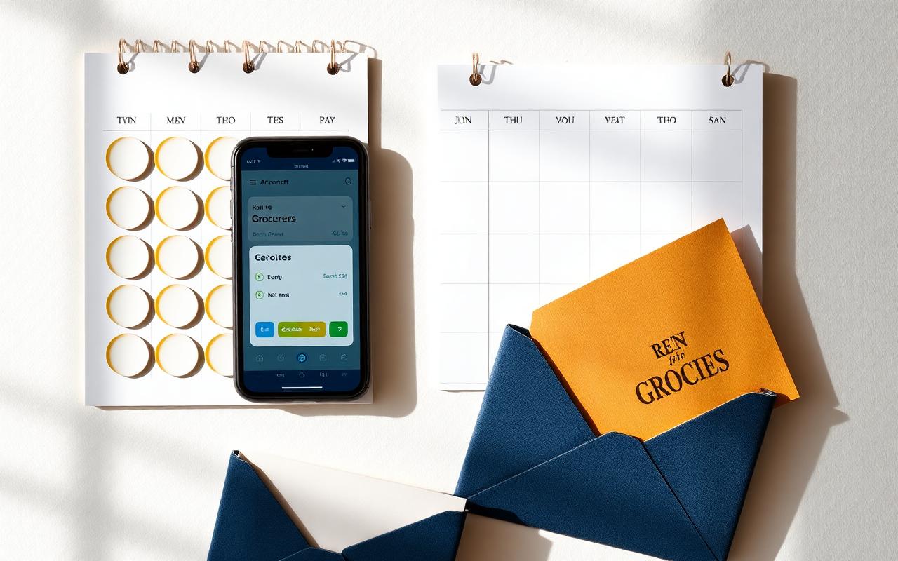 Wall calendar with payday circles, a phone showing a checking-account app, and envelopes labeled rent and groceries
