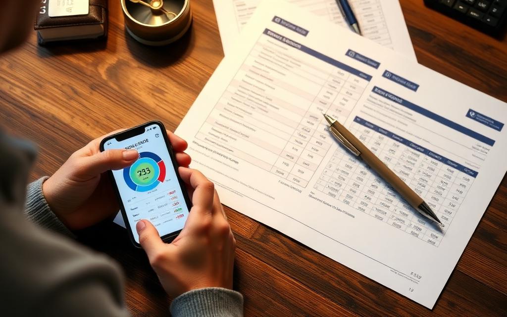 Person checking a credit score dashboard on a phone while reviewing a credit report
