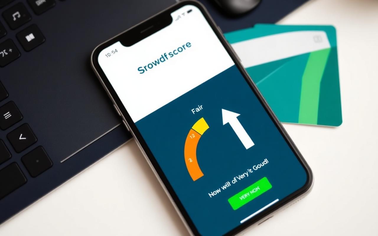 Phone screen showing a credit score gauge climbing from fair to very good, next to a credit card