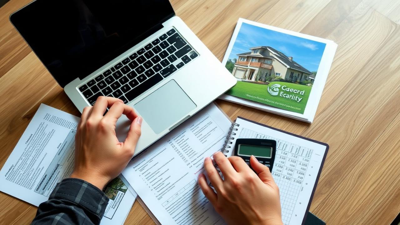 Person reviewing real estate documents and a property listing on a laptop with a calculator and notebook