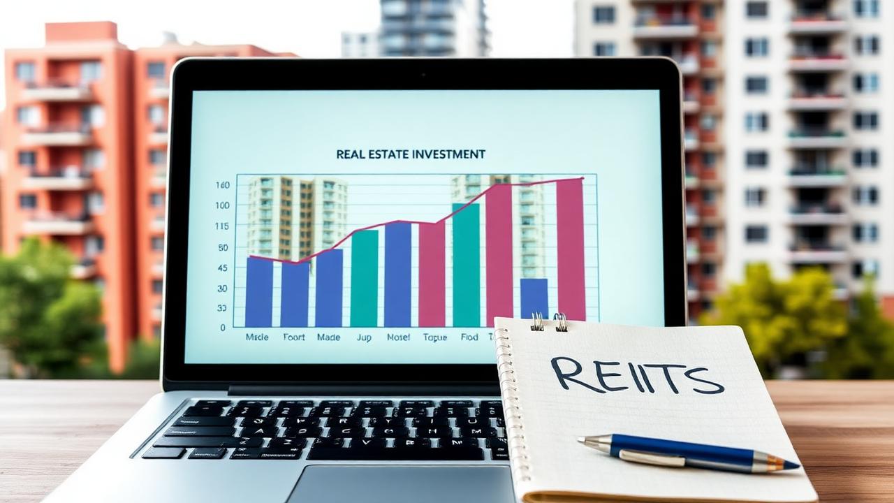 Laptop showing a real estate investment chart with apartment buildings and a notebook labeled REITs