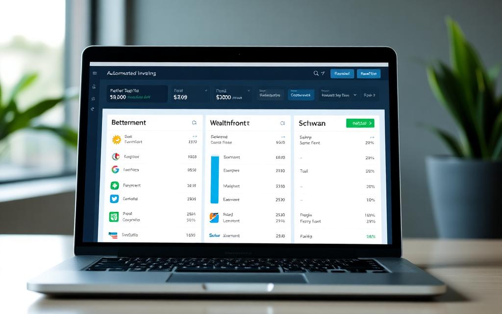 Laptop dashboard showing automated investing portfolio comparison with three columns for Betterment, Wealthfront, and Schwab Intelligent