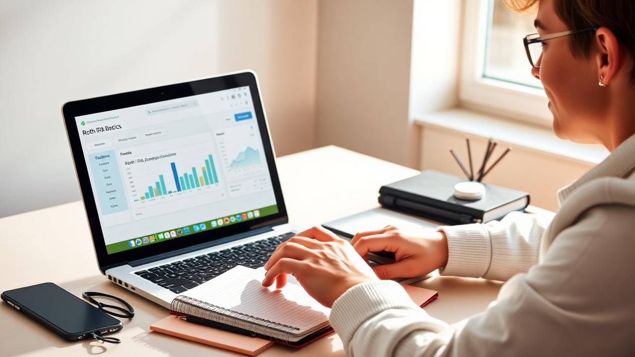 Young professional reviewing a retirement account dashboard on a laptop with a notebook labeled Roth IRA Basics