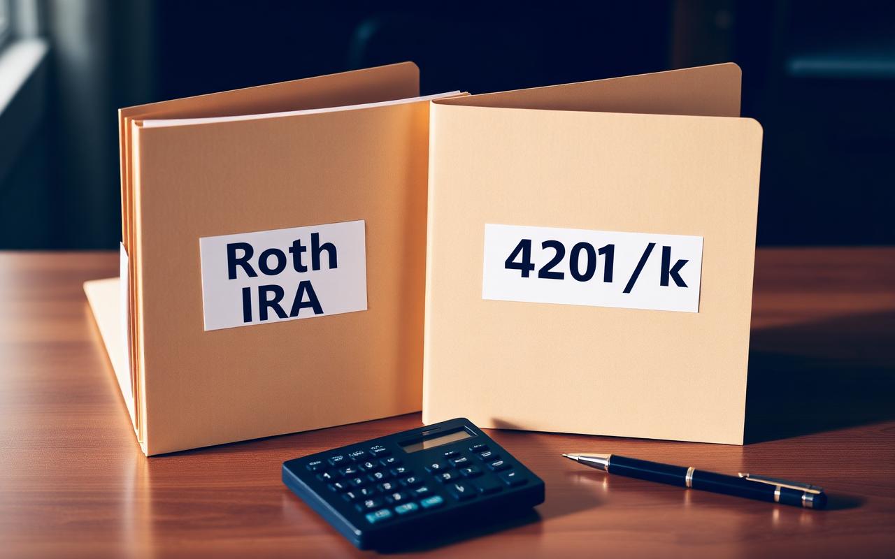 Two manila folders labeled Roth IRA and 401(k) on a wooden desk with a calculator and pen
