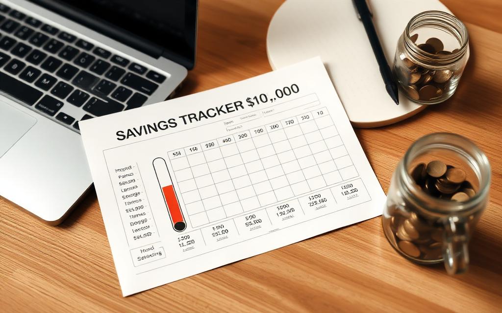 Printed savings tracker chart showing progress toward $10,000 beside a laptop, notebook, and a glass jar of coins