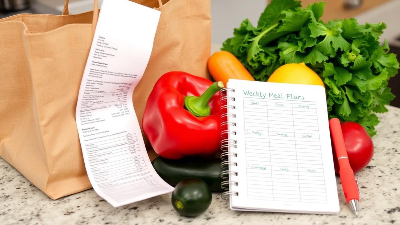 Grocery receipt, reusable shopping bag, fresh food, and a notebook with a weekly meal plan