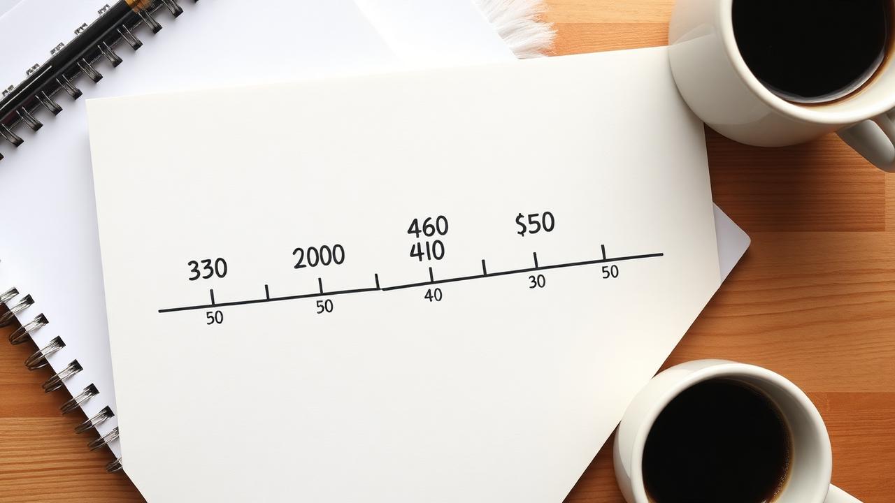 A financial milestone timeline on a notebook showing ages 30, 40, and 50 with savings goal notes