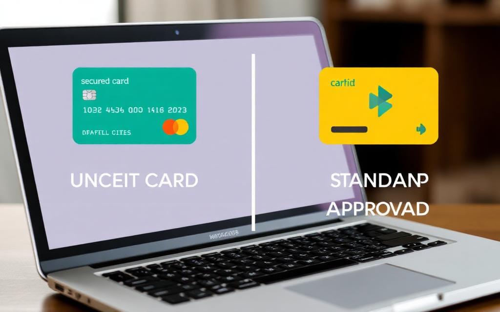 Side-by-side comparison graphic showing a secured credit card and an unsecured credit card
