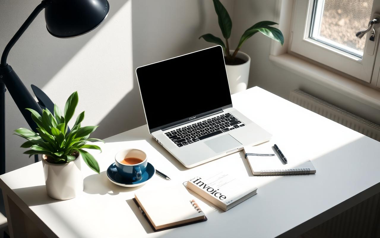 Freelancer's clean home desk with a laptop, coffee, plant, and a notebook labeled invoice in natural daylight