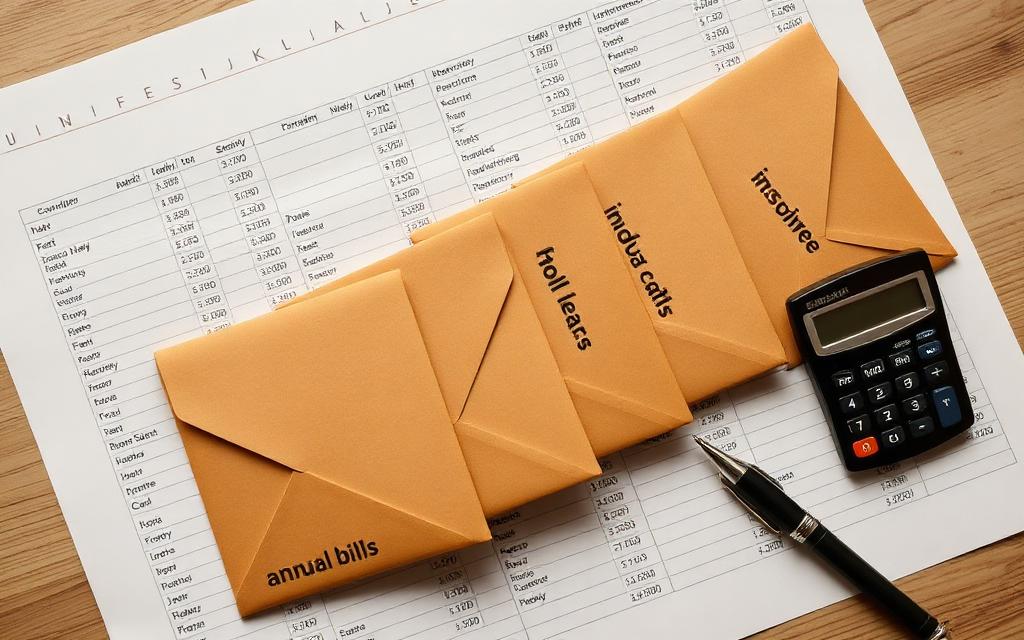 Row of labeled cash envelopes for car repairs, holidays, insurance, and annual bills sitting on a budgeting spreadsheet
